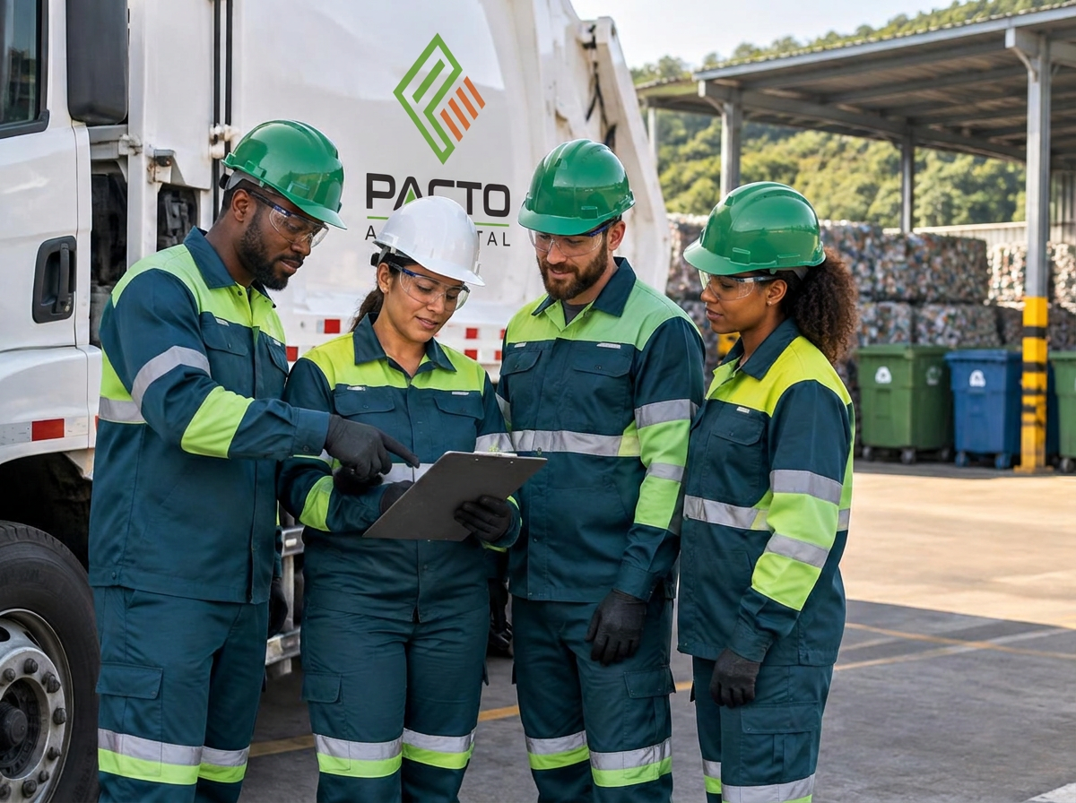 Equipe da operação ambiental reunida ao lado de caminhão de coleta