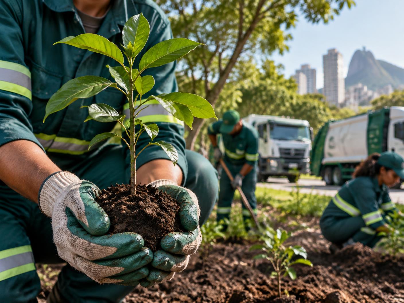 Equipe ambiental realizando o plantio de uma muda